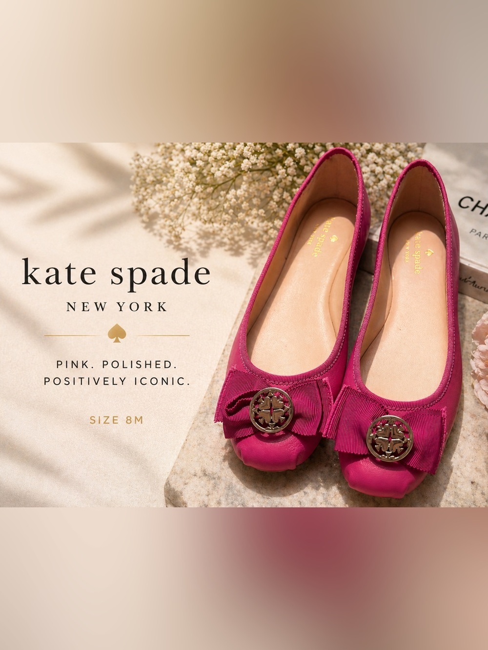 kate spade fuchsia bow ballet flats with logo medallion